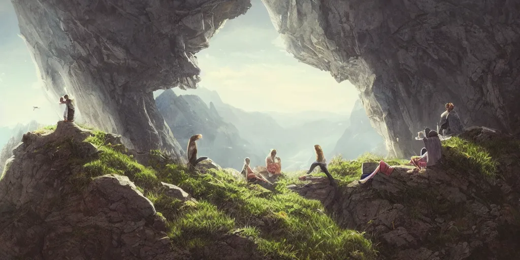 Prompt: group of emo's chilling on a cliff smoking weed, realistic digital art 4 k, high quality, greg rutkowski, zabrocki, karlkka, jayison devadas, phuoc quan, trending on artstation, 8 k, ultra wide angle, zenith view, pincushion lens effect