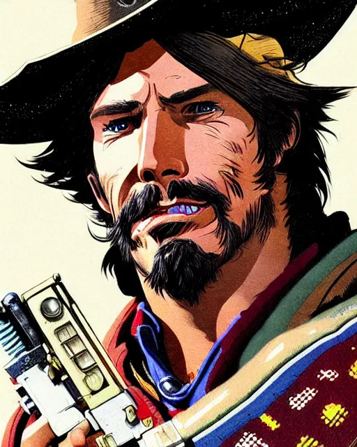 Image similar to mccree from overwatch, poncho blowing in the wind, space cowboy, character portrait, portrait, close up, concept art, intricate details, highly detailed, vintage sci - fi poster, retro future, vintage sci - fi art, in the style of chris foss, rodger dean, moebius, michael whelan, and gustave dore