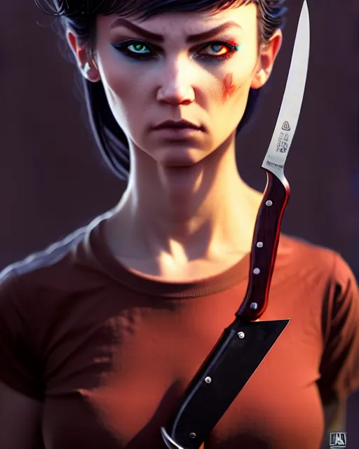 Image similar to full atomic scan face shot of a beautiful warlord girl, in tshirt with her buck knife ready, her morbid interests, irish, by saruei and guweiz and ilya kuvshinov and george miller, digital art, highly detailed, intricate, sharp focus, trending on artstation hq, deviantart, pinterest, unreal engine 5, 4 k uhd image