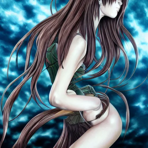 Image similar to beautiful anime girl with long hair, fight against the chair inspired by h. r. giger in extremely dangerous fight, anime style