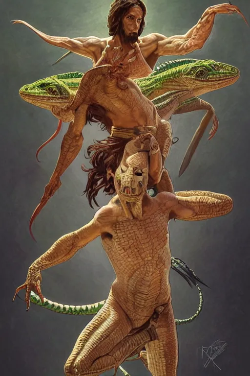 Prompt: fullbody!! dynamic action pose, jesus christ portrayed as a lizard reptile man, lizard head, holy cross, religious, intricate, elegant, highly detailed, digital painting, artstation, concept art, smooth, sharp focus, illustration, art by artgerm and greg rutkowski and alphonse mucha