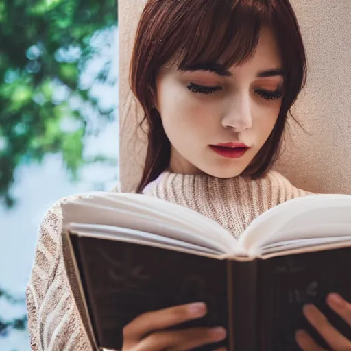 Image similar to a girl reading a book, modelsociety, radiant skin, huge anime eyes, RTX on, perfect face, intricate, Sony a7R IV, symmetric balance, polarizing filter, Photolab, Lightroom, 4K, Dolby Vision, Photography Award