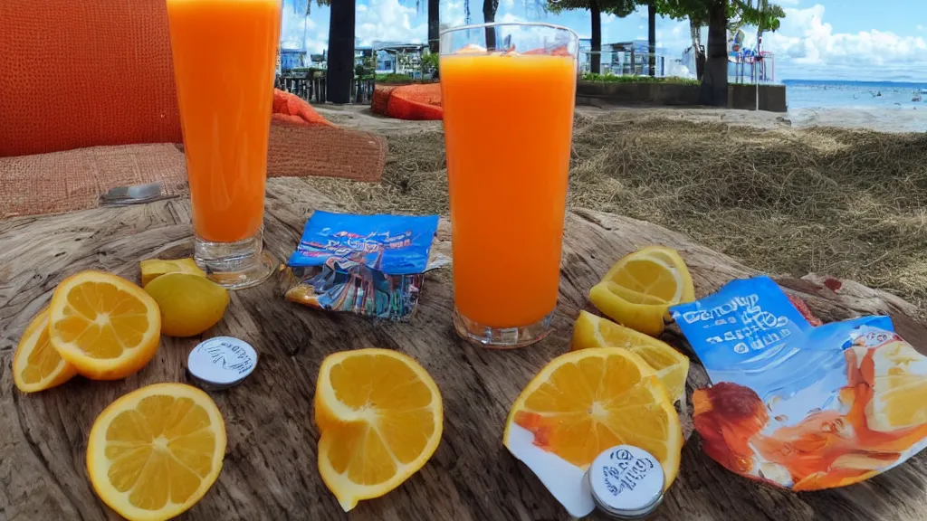 Prompt: oranje juice in the sunny beach