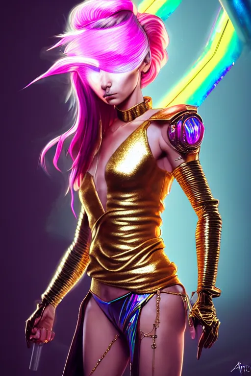 Image similar to hyperdetailed portrait of a stunningly beautiful european girl androgynous guard made of iridescent metals shiny pink gems, bright rainbow gold cyberpunk nimbus, inspired by ross tran and wlop and masamune shirow and kuvshinov, concept art, intricate, photorealistic, octane render, rtx, hdr, unreal engine, dnd digital art by artgerm