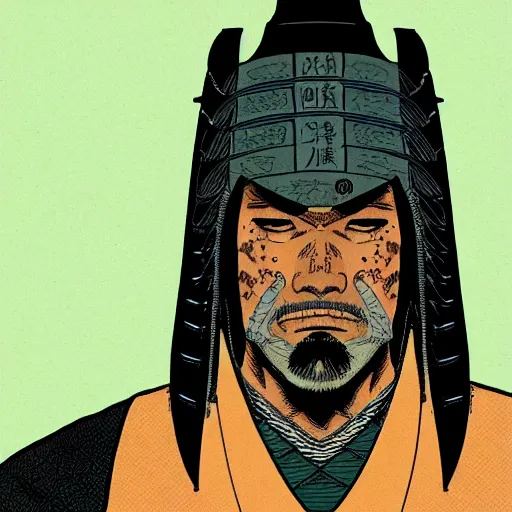 Prompt: a powerful japanese samurai wearing a assassin's hood, detailed face, highly detailed, face symmetry, character concept portrait by moebius and laurie greasley, colorful, profile picture, 8 k, cinematic color grading