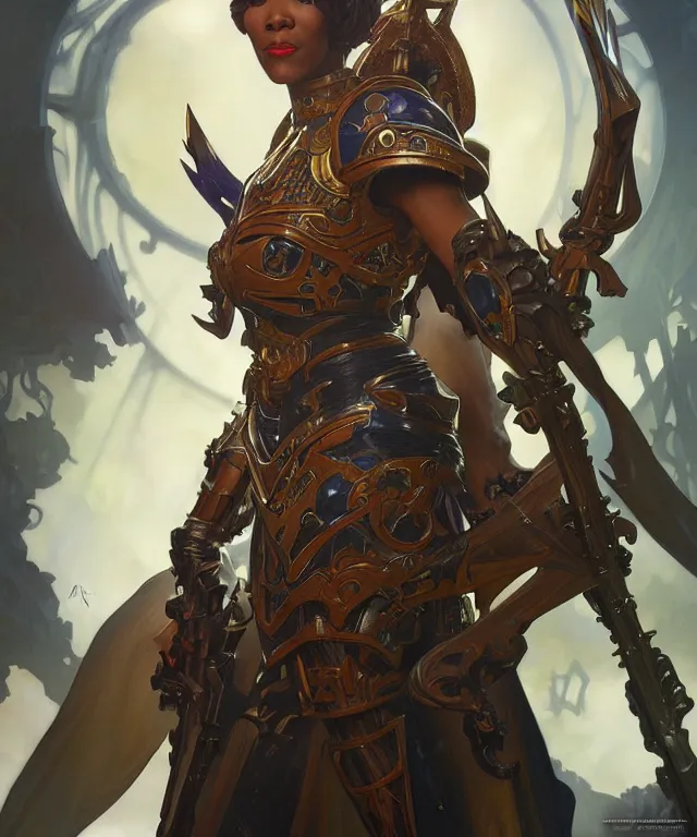 Image similar to Moira Stewart as Warhammer 40k Battle Sister, portrait, fantasy, intricate, elegant, highly detailed, digital painting, artstation, concept art, smooth, sharp focus, illustration, art by artgerm and greg rutkowski and alphonse mucha