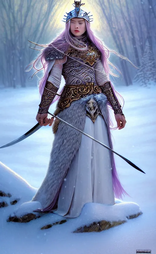 Image similar to kunzite viking warrior, regal, elegant, winter, snow, beautiful, stunning, hd, illustration, epic, d & d, fantasy, intricate, elegant, highly detailed, wide angle, digital painting, artstation, concept art, smooth, sharp focus, illustration, wallpaper, art by artgerm and greg rutkowski and alphonse mucha and jin xiaodi