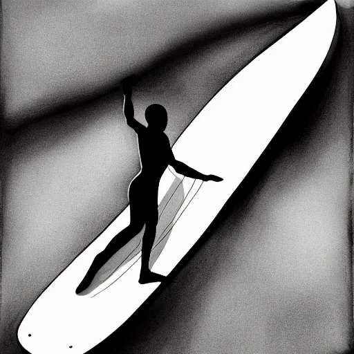 Image similar to black and white drawing, 3d, photorealistic imagery, surfer, lineart,