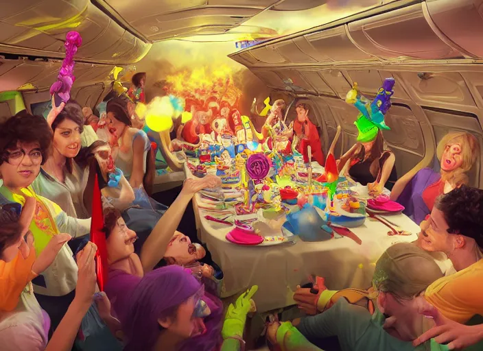 Image similar to boeing 737 cabin, zombies, birthday party, party hats, balloons, birthday cake, candles, realistic, wide angle, Unreal 5 engine, trending on artstation, by Huang Guangjian and Gil Elvgren and Sachin Teng