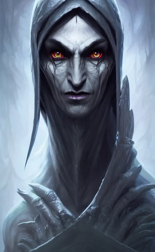 Image similar to legendary creepy dark elf wizard, highly detailed, d & d, fantasy, highly detailed, digital painting, trending on artstation, concept art, sharp focus, illustration, global illumination, ray tracing, realistic shaded, art by artgerm and greg rutkowski and fuji choko and viktoria gavrilenko and hoang lap