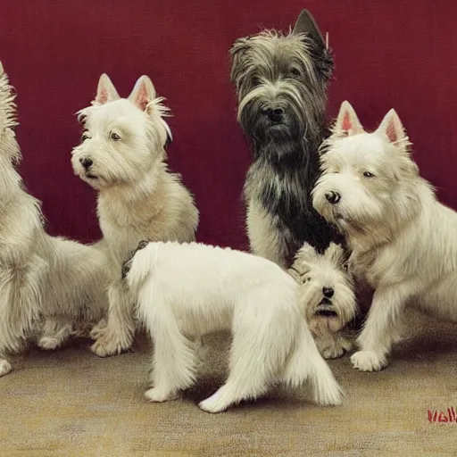 Image similar to a family of west highland terriers in the style of norman rockwell