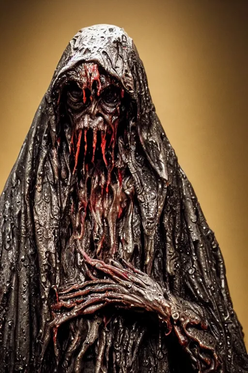 Image similar to photo taken of an epic intricate, ultra detailed, super realistic sculpture of a wet bloodied slimy nightmarish hellish demonic hooded grim reaper sculpture on display in a workshop, created by weta workshop, full body shots, photorealistic, sharp focus, f 0. 4, face centred, macro photography, golden ratio, golden hour