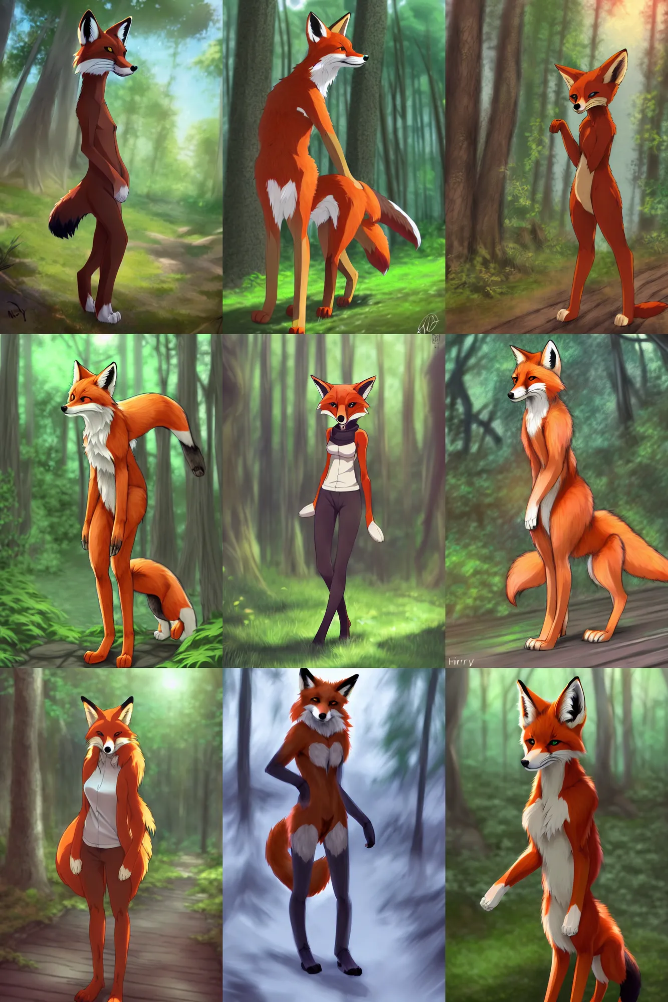 Prompt: furry art, anthro fox standing digitigrade in a forest, fursona commission, photorealistic, anime key visual, pixiv, makoto shinkai, hibbary, dark natasha, goldenwolf, furaffinity, portrait