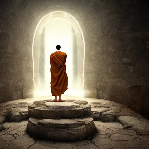 Image similar to concept art a monk discovering a portal to enlightenment, 8 k, 3 d render, ultra high quality, cinematic