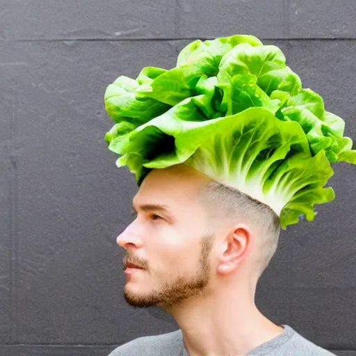 Image similar to lettuce on young mans head