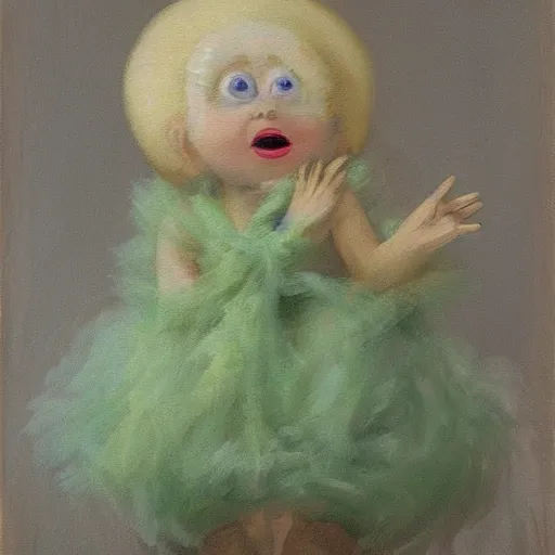 Prompt: Painting of a glowing kewpie doll that looks like Big Bird, painted in the style of Watteau with sad minion eyes