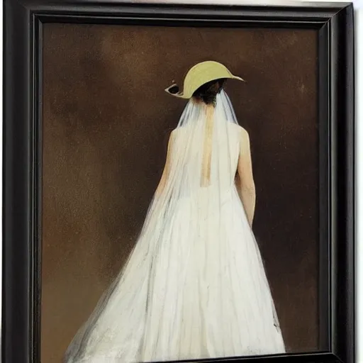 Prompt: woman with hat, back view, wedding dress, by dennis miller bunker