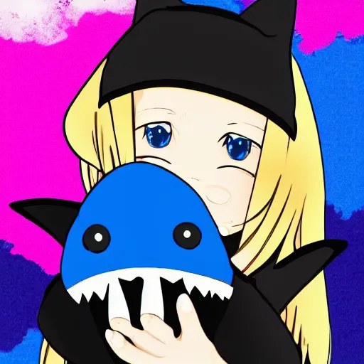 Prompt: a blonde girl in a black hoodie holding a blue-shark-stuffed-animal, anime style digital art