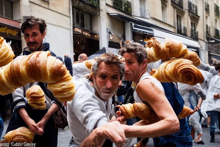 Image similar to closeup potrait of bakers fighting croissants in a paris street, natural light, sharp, detailed face, magazine, press, photo, Steve McCurry, David Lazar, Canon, Nikon, focus