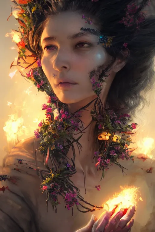 Image similar to face closeup of beautiful girl necromancer, witch - doctor exploding into flowers, angels, 3 d render, hyper - realistic detailed portrait, holding fire and electricity, ruan jia, wlop. scifi, fantasy, magic the gathering, hyper detailed, octane render, concept art, peter mohrbacher