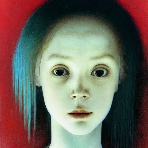 Image similar to portrait of pale 16 years old girl in red dress. She has short black hairs, painting by Beksinski