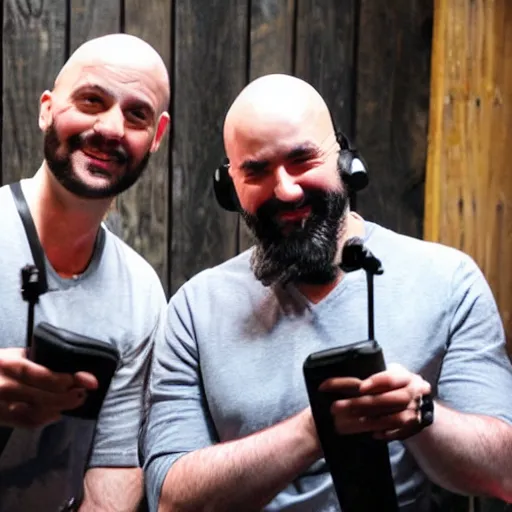 Image similar to two bald bearded men recording a podcast in the medieval times