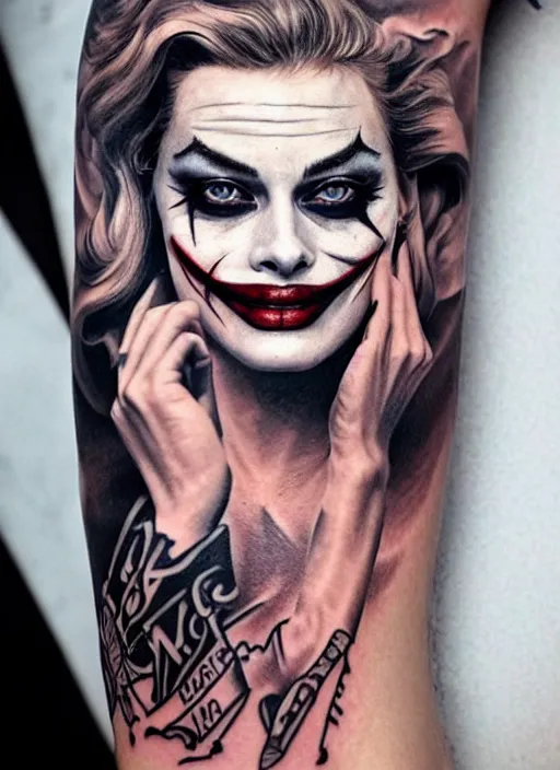 Image similar to tattoo design of beautiful margot robbie with a little joker makeup, holding an ace card, slight smile, in the style of den yakovlev, realistic face, black and white, realism tattoo, hyper realistic, highly detailed