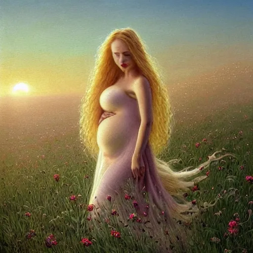 Prompt: a beautiful portrait of a pregnant woman with long blonde hair in a white cotton dress pondering life as she watches the sun set, nature, field of wild flowers, deviantart, fantasy art, sunrays shine upon it, deviantart, mystical, art style by zdzistaw beksinski and brian froud and esao andrews and thomas kinkade