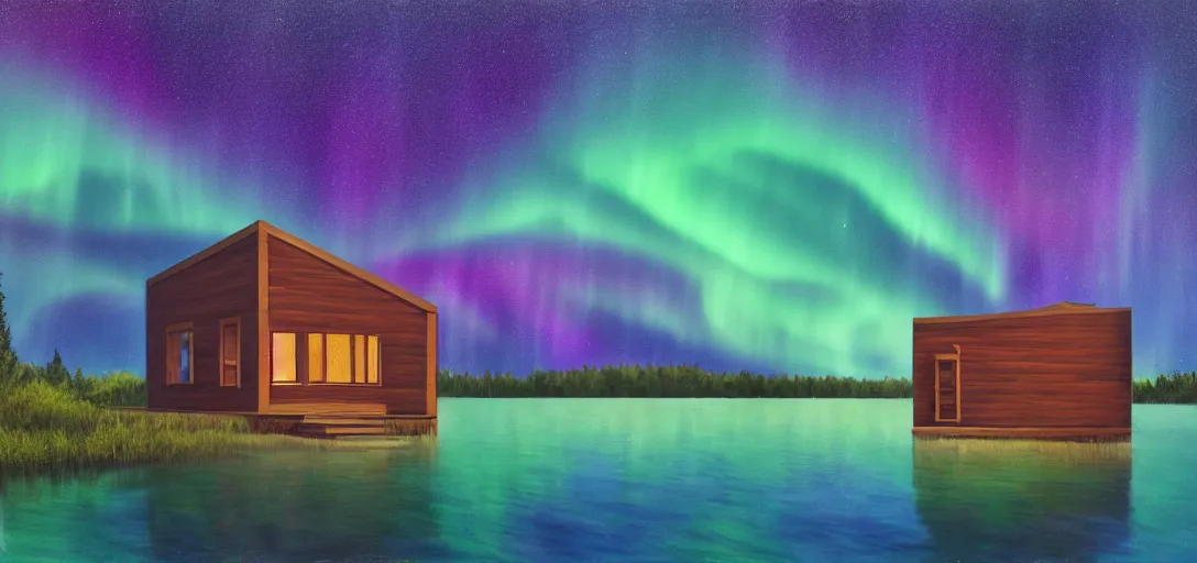 Prompt: a modern cabin in the middle of a lake, night, rainbow aurora, classic painting, award winning, highly detailed