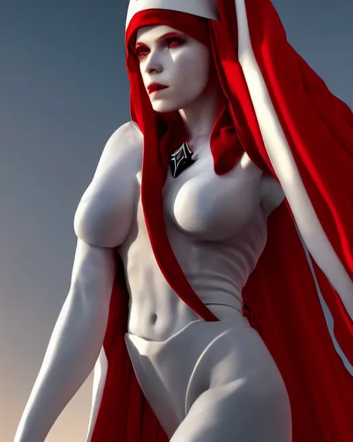 Prompt: red - haired final fantasy white marble egyptian nun, warframe armor, regal, attractive, ornate, sultry, sexy, beautiful, maesie williams, elize theron, pretty face, green eyes, scifi platform, 4 k, ultra realistic, epic lighting, illuminated, cinematic, black gold, art by alexandra petruk, voidstar