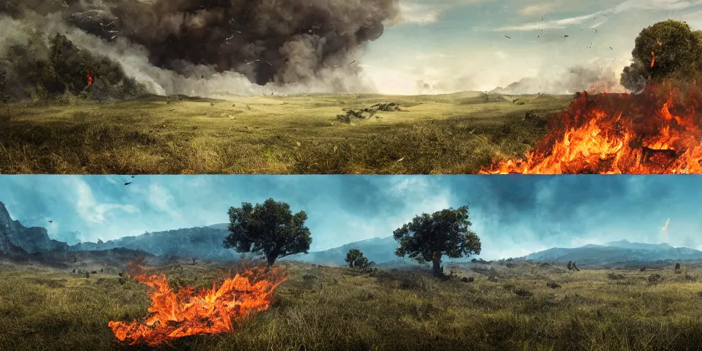 Image similar to two completly different landscapes divided exaclty in the vertical middle by a mysterious force, one landscape with a lot of fire and burned ground and no life and burning sky and another landscape with a lot flora and fauna and trees and blue sky and green ground with lots of gras and animals, hyperrealistic, high quality, 4k, ultra detailed