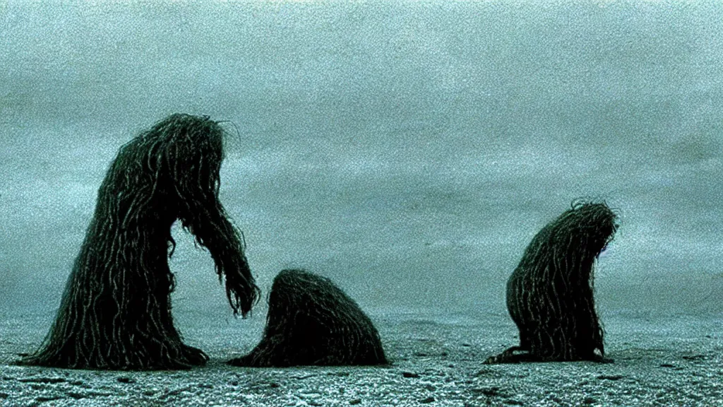 Prompt: the strange creature was sad, for they could not speak, film still from the movie directed by christopher nolan and david cronenberg with art direction by zdzisław beksinski and dr. seuss