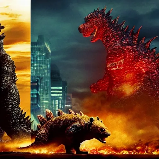 Image similar to godzilla with the head of winnie the pooh and the face of xi jinping, cinematic composition, epic dramatic lighting, realistic, hyperdetailed, photorealistic, photograph, epic scale