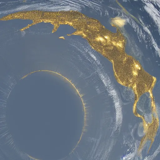 Image similar to golden rings circling the earth, highly detailed photograph, taken from space