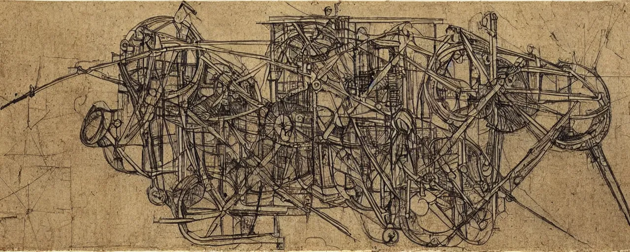 Image similar to a leonardo davinci sketch of an infinite creativity machine, in the style of an engineering drawing