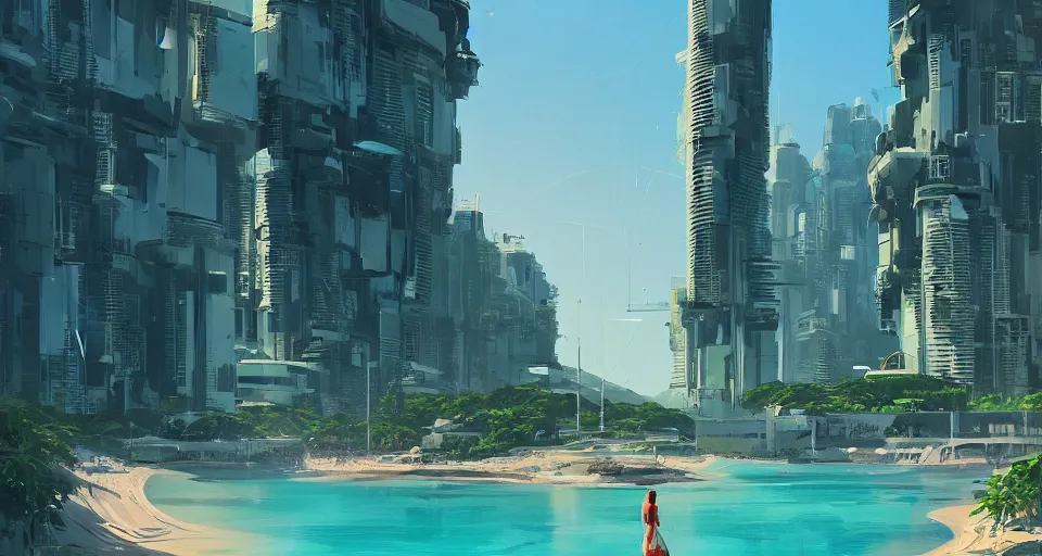 Prompt: sleek futuristic city on a coastline surrounded by greenery, blue sky, turquoise water, white sand, syd mead, alena aenami, artstation, digital painting, concept art, expansive