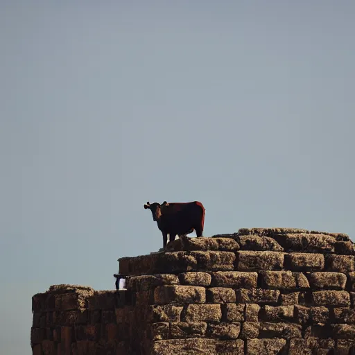 Prompt: a cow standing on top of ancient ruins