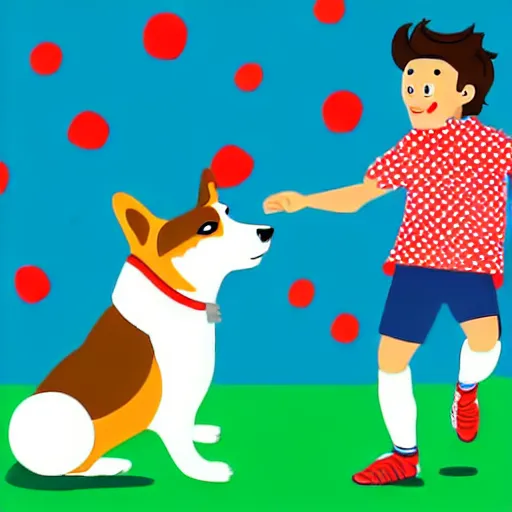 Image similar to illustration of french boy in paris playing football against a corgi, the dog is wearing a polka dot scarf