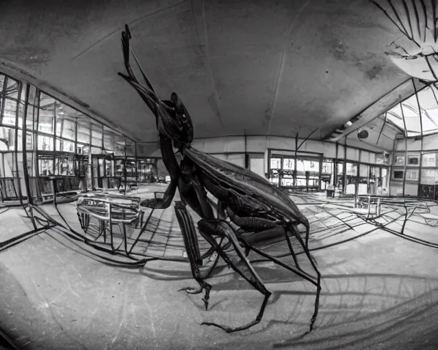 Image similar to camera footage of a giant Mantis in an abandoned shopping mall, high exposure, dark, monochrome, camera, grainy, CCTV, security camera footage, timestamp, zoomed in, fish-eye lense, Preying Mantis,