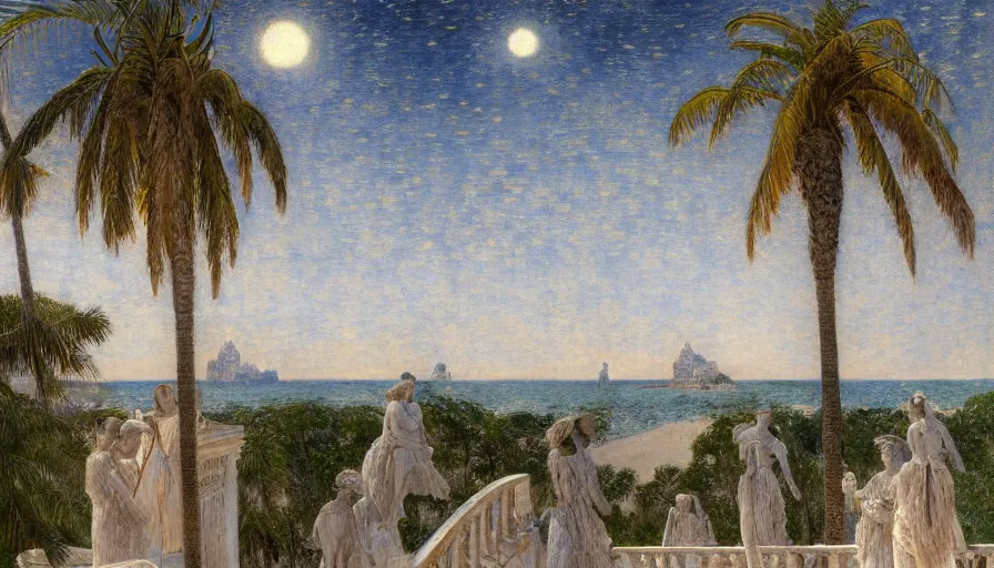 Image similar to a ultradetailed beautiful painting of the night sky of the amazonas palace balustrade designed by jules bastien - lepage, tarsila do amaral, frank weston and gustave baumann, beach, trending on artstation, mediterranean, palm trees, sharp focus, giant greek columns, soft light, 8 k 4 k