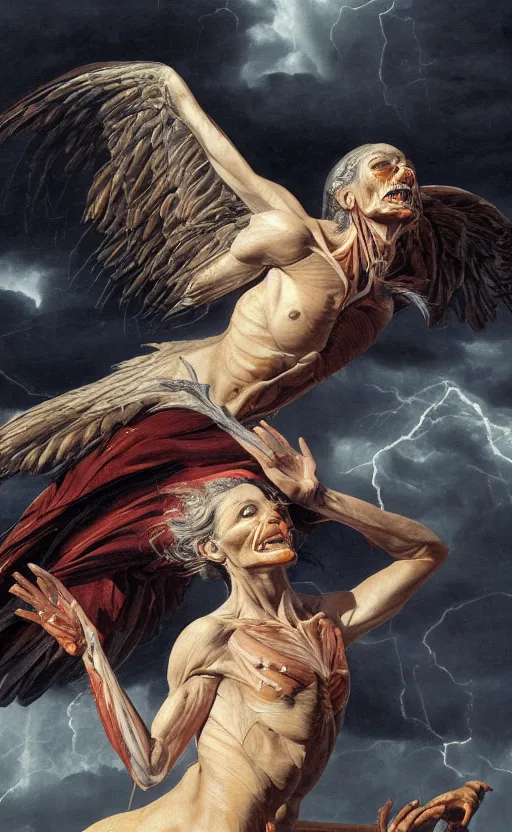 Prompt: an anatomical oil painting of a Harpy from a medical journal by Alex Ross, highly detailed, high detail, photoreal, 8k, storm clouds, birds, dramatic lighting