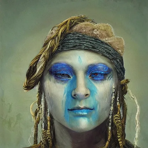 Image similar to A young blindfolded shaman woman with a decorated headband, in the style of heilung, blue hair dreadlocks and wood on her head., made by karol bak