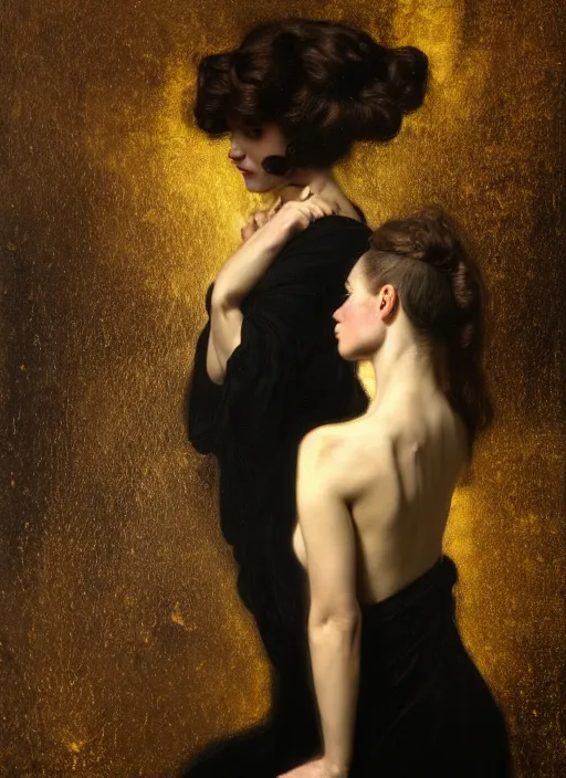 Image similar to highly detailed oil painting | very intricate | cinematic lighting | black, white and gold color scheme, dark background | god whispering on beethovens ear by alexander mcqueen | by roberto ferri, by gustav moreau, by singer sargent and klimt, american romanticism, occult art | by austin osman spare, artstation, cgsociety, official art, octane