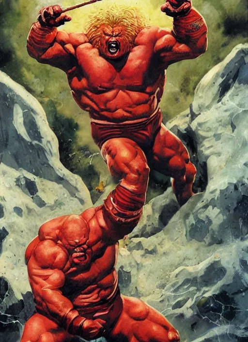 Prompt: full body and head portrait of brock lesnar as marvel juggernaut vs the thing, dynamic action, painted by norman rockwell and phil hale and greg staples and tom lovell and frank schoonover and jack kirby