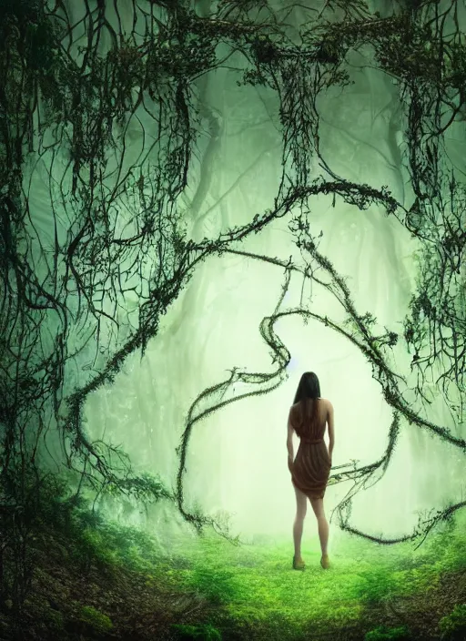 Prompt: full body picture of nature goddess with vines wrapped around her wondering through forest + bright lights + forests + plants + dramatic fog + intense, dramatic lighting, intricate details, cinematic, high definition