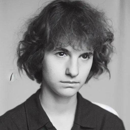 Image similar to a portrait photo of 20 year old female Larry David, with a sad expression, looking forward