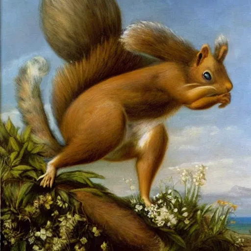 Prompt: a giant fluffy squirrel ca hbrrying napoleon bonaparte on its back, beach scene, flowers and foliage, detailed oil painting