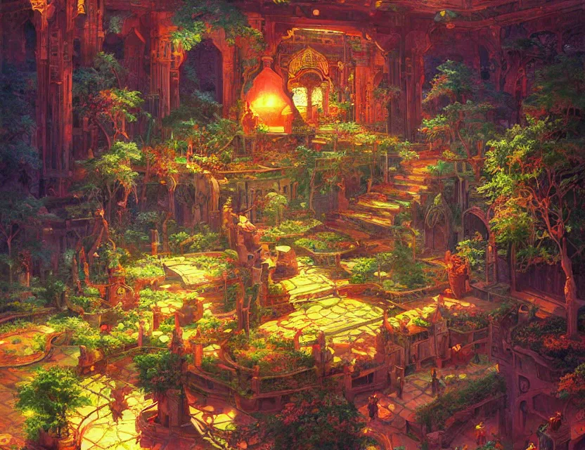 Prompt: persian garden in a galactic fortress. this oil painting by the award - winning mangaka has dramatic lighting, an interesting color scheme and intricate details.