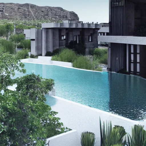 Image similar to architectural rendering of habitat 6 7 in the desert, biophilia mood, pool, garden, highly detailed, cinematic,