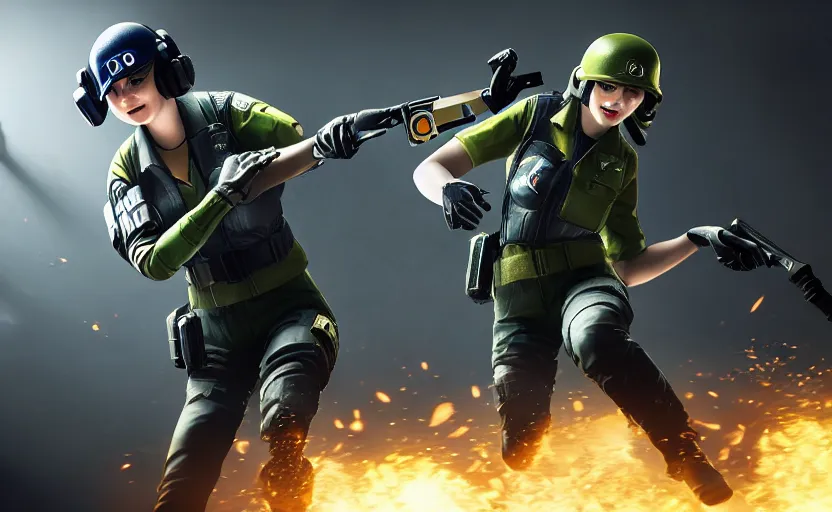 Image similar to zofia from rainbow six siege throwing ela from rainbow six siege into the air, realistic, 4 k, raytracing, fantasy artwork